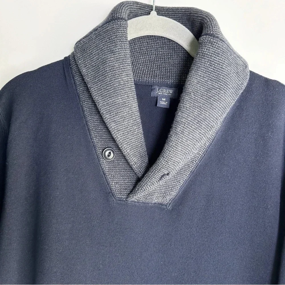J. Crew Mens Shawl Collar Sweater Navy Gray Trim Medium Cotton Old Money Preppy